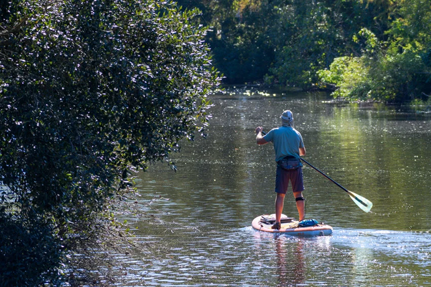 Angler on a paddle board, in City Park Lagoon, during sunny, peacefully day.