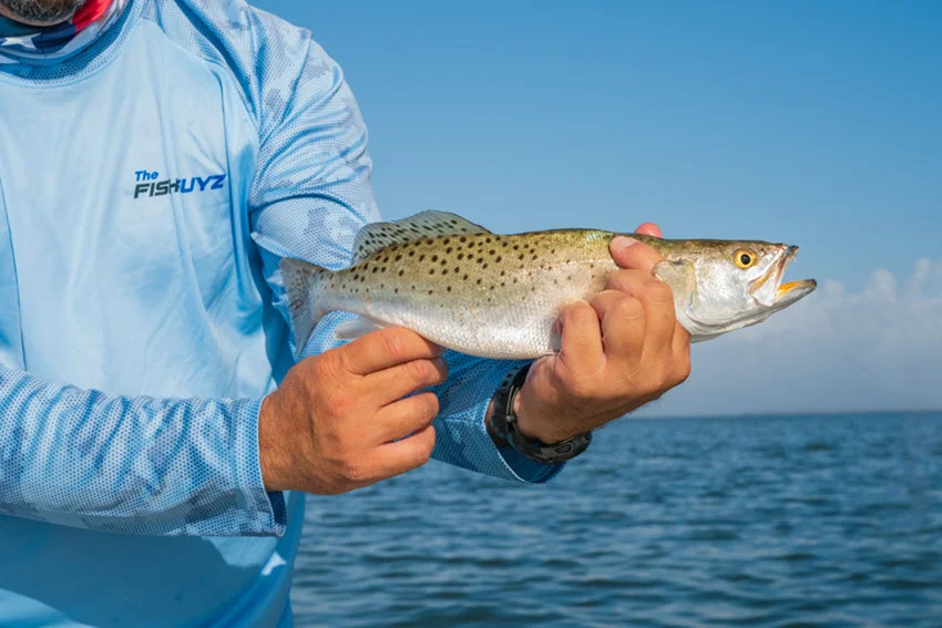 View of a Speckled Trout held by an angler with a salmon-colored US-style neck gaiter on a sunny day.