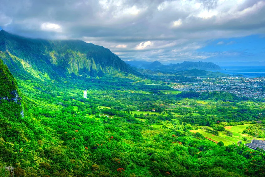 Wide view across Oahu's green interior mountains toward the coast in Hawaii, where Peacock Bass populations have been introduced.