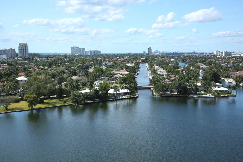 Aerial view of Fort Lauderdale waterways in Florida, where canals, lakes, and urban freshwater systems can offer Peacock Bass fishing opportunities.