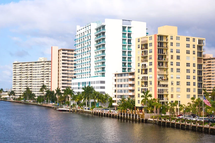Fort Lauderdale waterfront along the Intracoastal Waterway in Florida, showing urban canals, seawalls, and connected South Florida fishing areas.