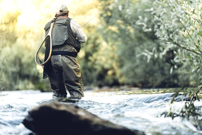 Fly angler wading through a rocky river with a landing net while casting toward a tree-lined pool upstream.