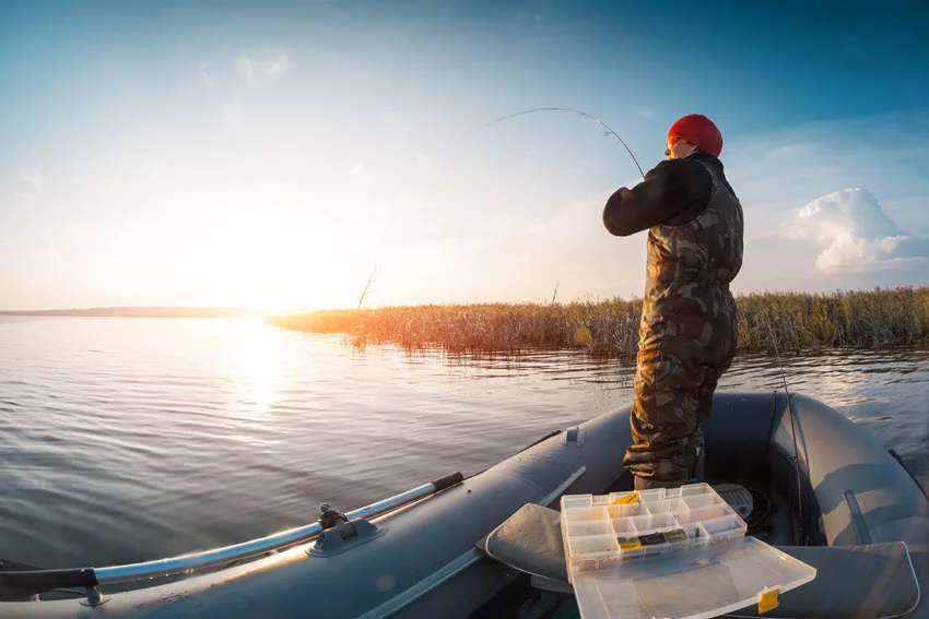 Angler vertical jigging for Perch from an inflatable boat at sunset, with tackle organized nearby and reeds bordering the shallow lake.