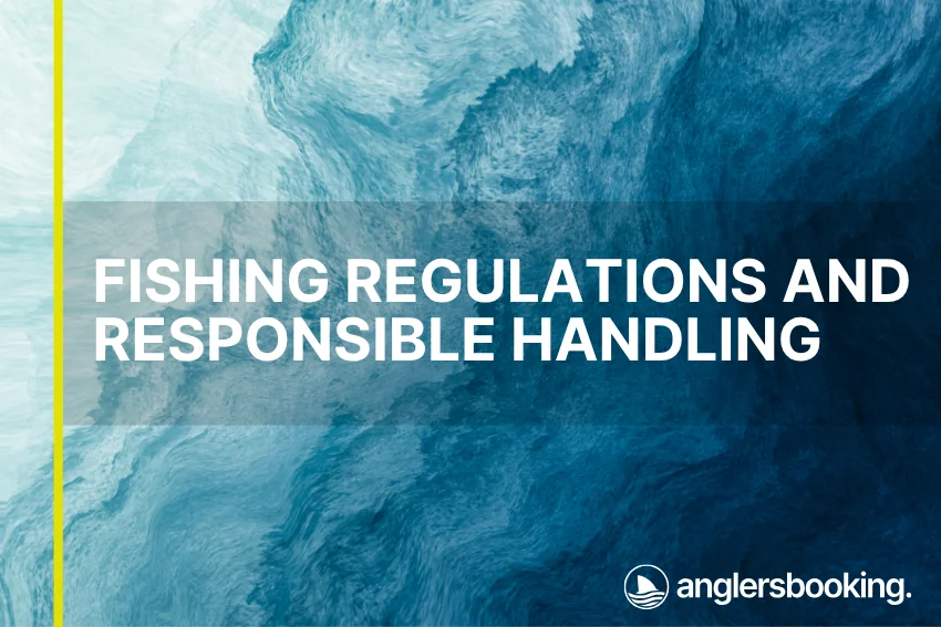 An illustration of ocean waves in intricate shades of blue, with a yellow line on the left side of the visual, the heading Fishing Regulations and Responsible Handling, and the Anglers Booking logo at the bottom right.