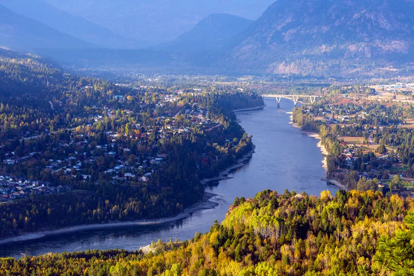 Scenic overlook of the Skeena River in Canada, showing a major river system setting associated with Salmon runs and big watershed flow.