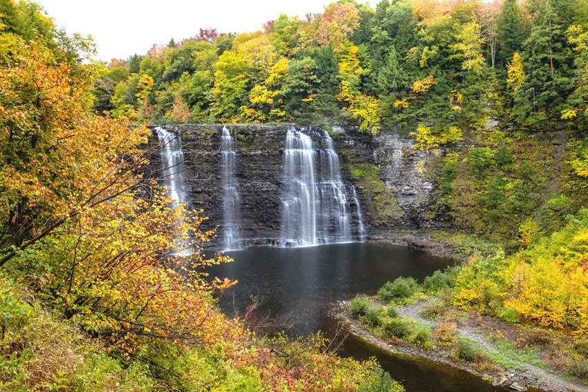 Waterfall feeding a cold stream in fall forest scenery, a strong habitat style view tied to clean, oxygen rich water.