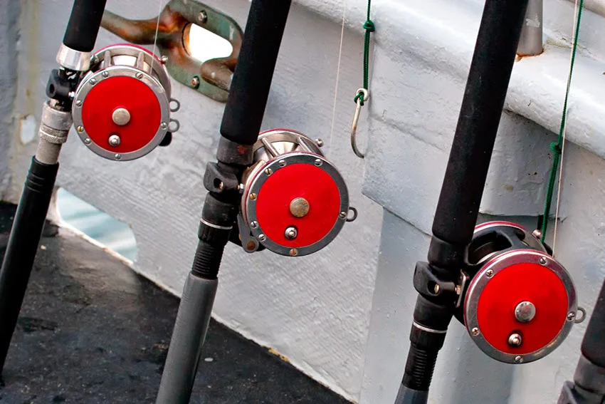 A line of heavy rods, with golden orange reels placed against boat fence.