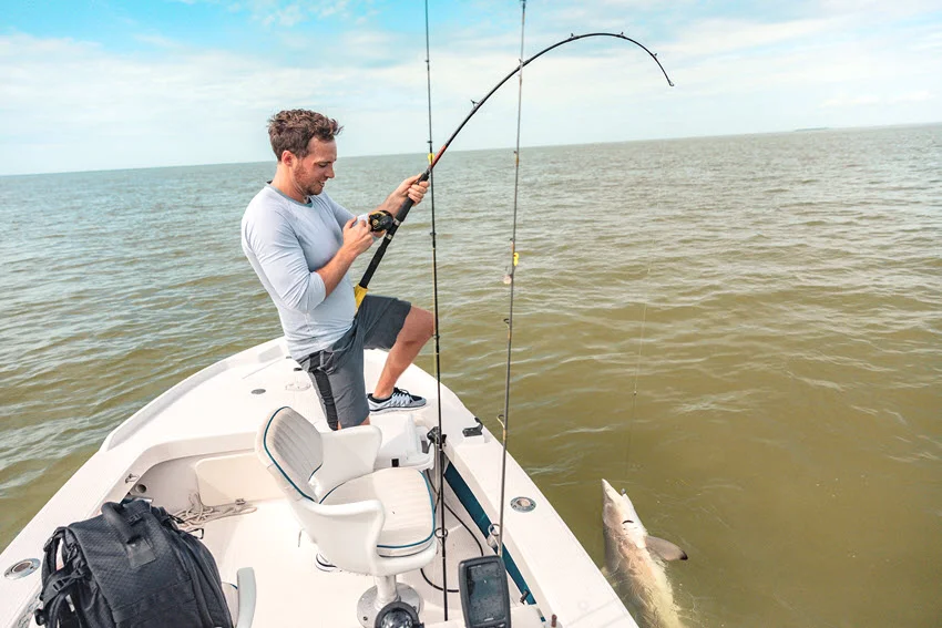 Angler fighting a Spinner Shark from a boat during a coastal catch-and-release fishing trip on calm water near shore.
