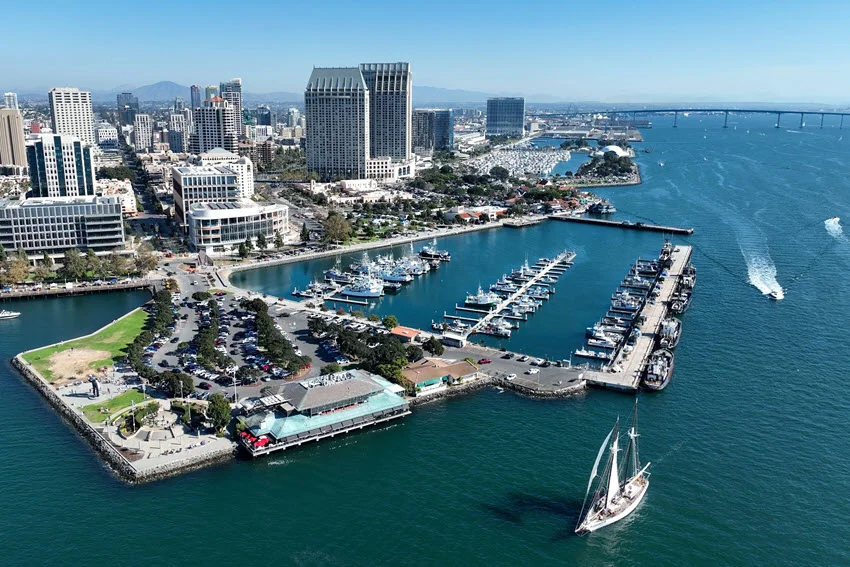 San Diego marina and waterfront viewed from above, providing access to Southern California waters known for offshore Shark fishing.