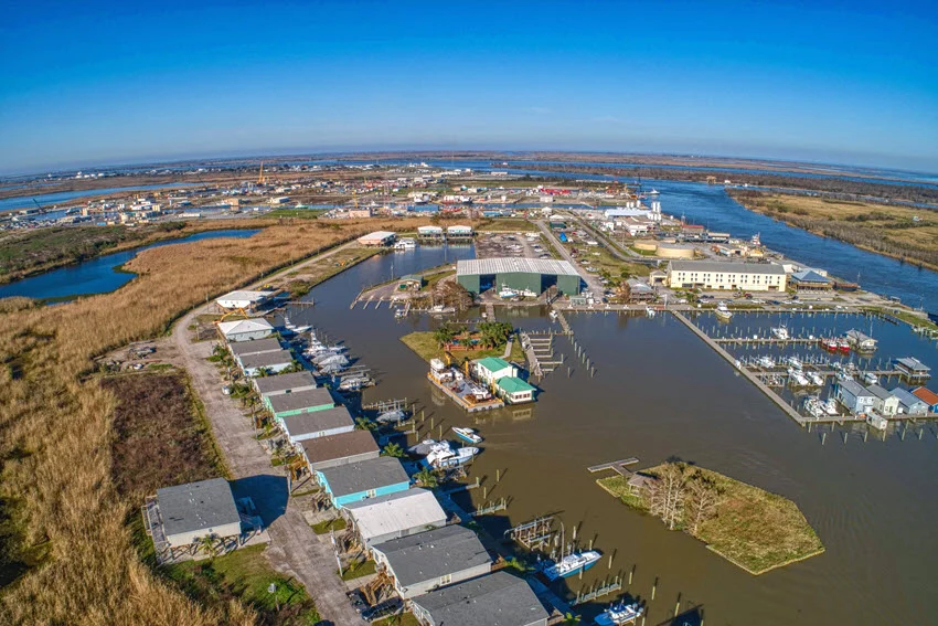 Aerial view of Venice, Louisiana, near the Mississippi River mouth, a major departure point for Gulf Shark-fishing trips.