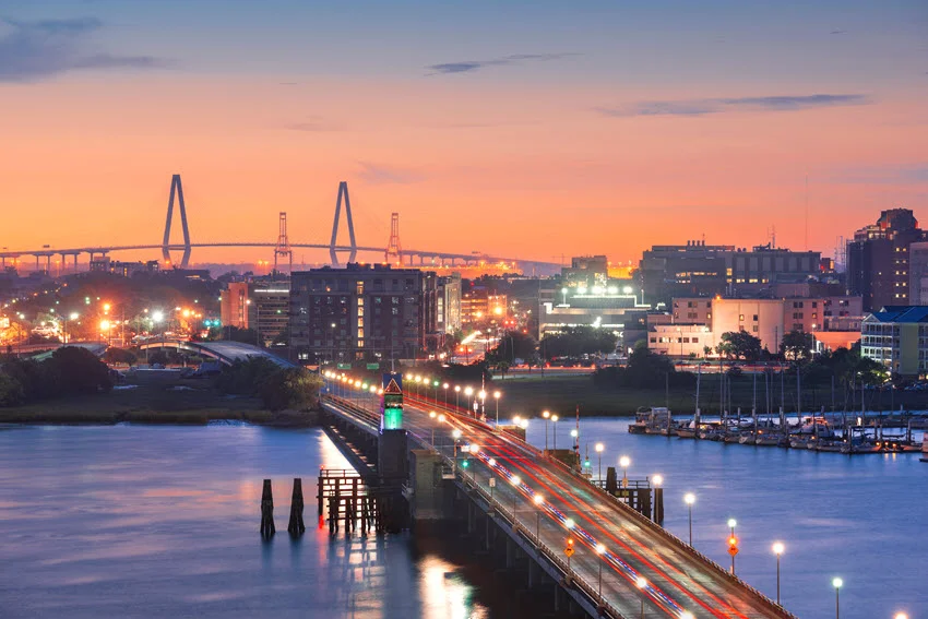 Charleston, South Carolina waterfront near the Ashley River, a coastal area where anglers can find productive inshore fishing habitat for Sheepshead.