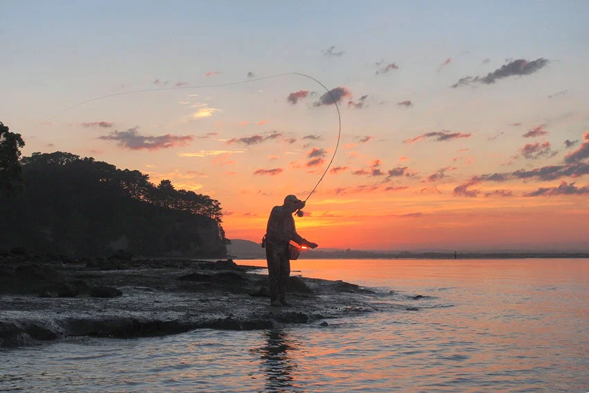 Silhouette of an angler casting at sunset along calm coastal water, capturing a quiet shoreline fishing scene near inshore habitat.