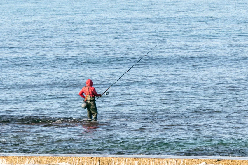 Back view of an angler fully dressed in waterproof clothing, standing in knee-deep water with a cast sight fishing rod extended, ready for a catch.