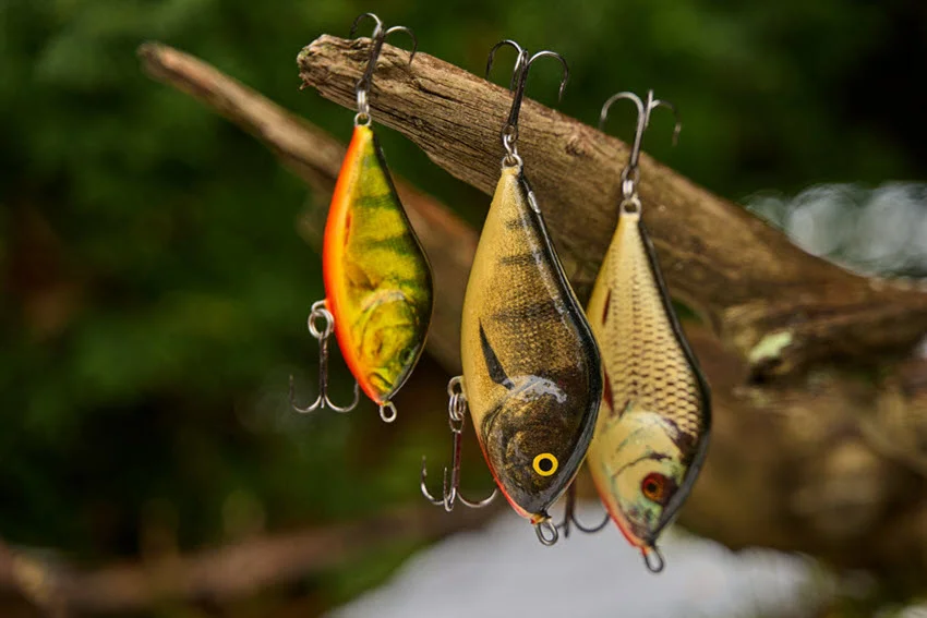 Close shot of artificial wobbler baits hanging from a wooden branch, displaying their vibrant colors and intricate designs.