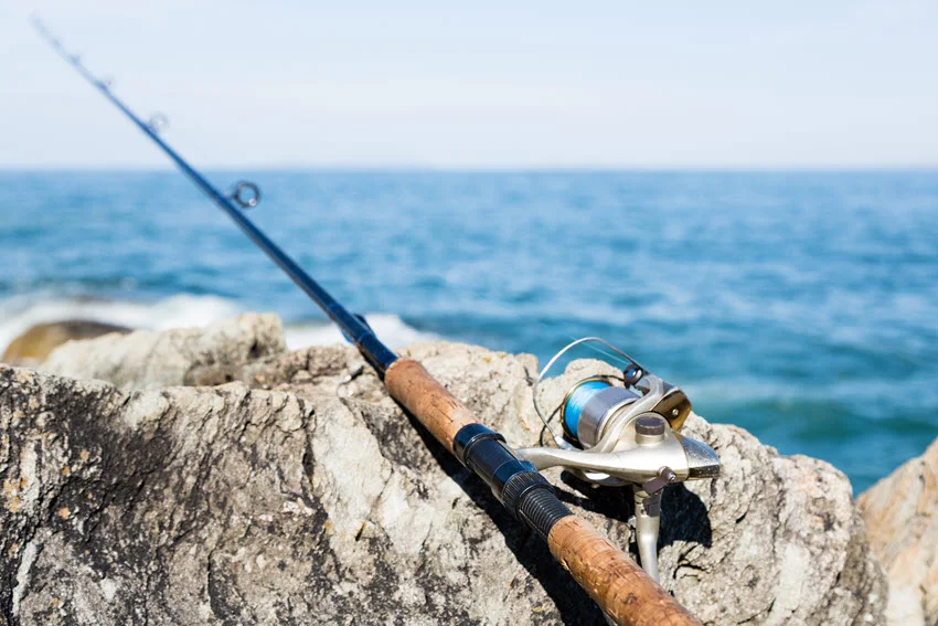 Close shot of a spinning fish rod resting on a rock near the sea, with waves gently lapping in the background.