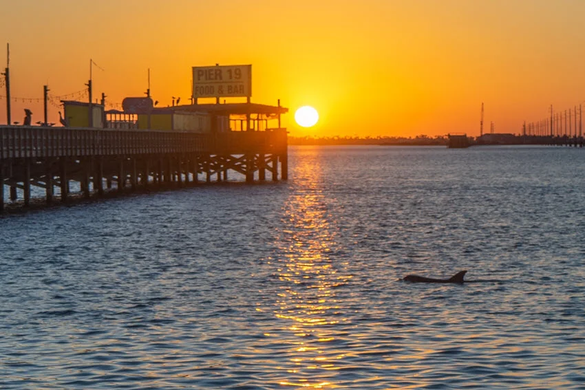 Sunset view over coastal water with a pier silhouette, a calm scene that matches evening fishing conditions near shoreline structure.