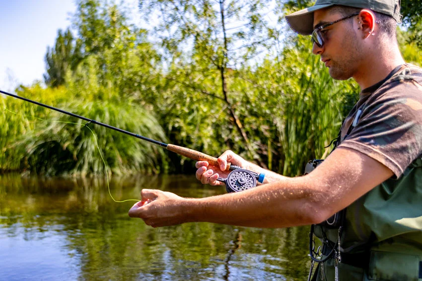 Close-up view of an angler working a rod and reel from a calm riverbank, a common approach for fishing brackish backwaters and shoreline cover where Snook often push in during warmer months.