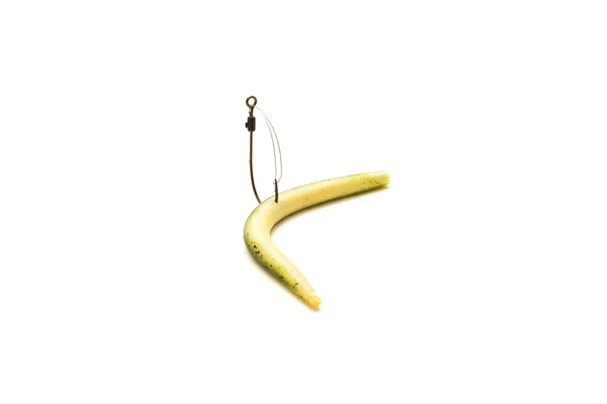 Green pumpkin soft plastic worm rigged with a weedless bait holder hook, shown on a white background.
