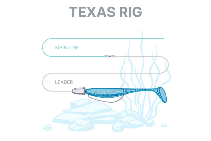 Texas rig fishing tackle illustration showing how to set it up for Bass, Walleye and other predatory fish.