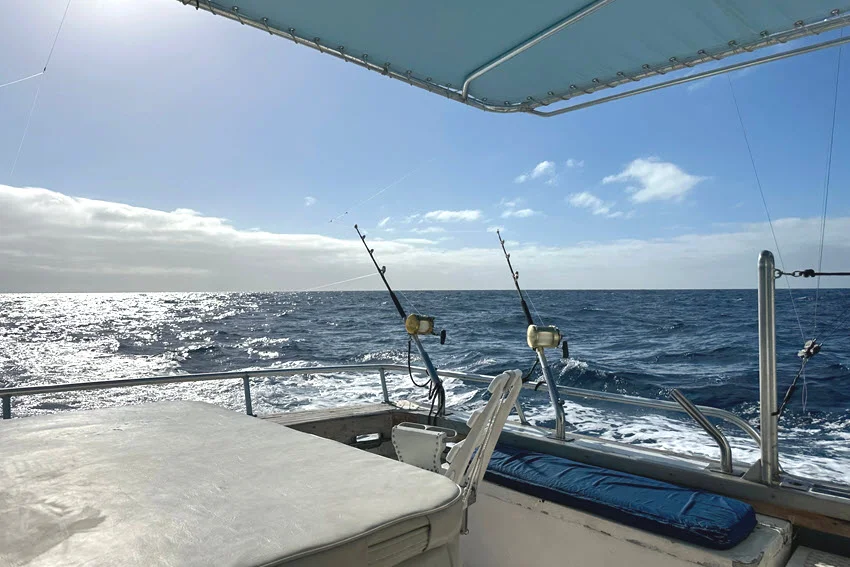 View from a Hawaii fishing charter boat offshore, with rods set up on deck and choppy blue water stretching to the horizon.