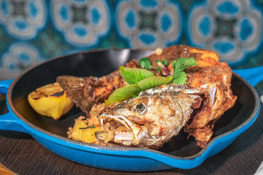 Baked Speckled Trout served in a blue pan with herbs and lemon slices, presented on a dark brown table.