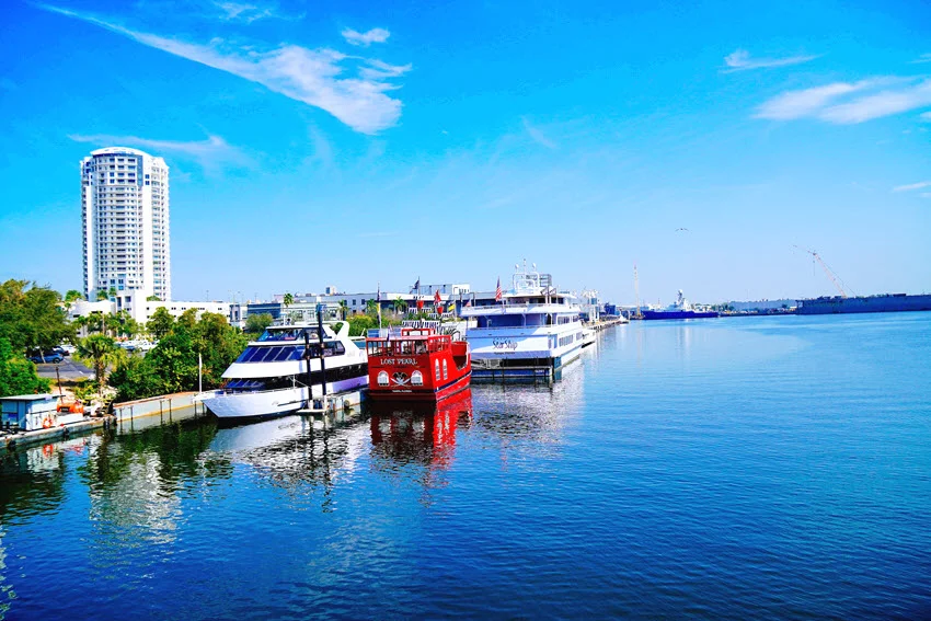 Wide view of the Tampa, Florida waterfront with docked boats and calm harbor water under a bright blue sky on a clear day.