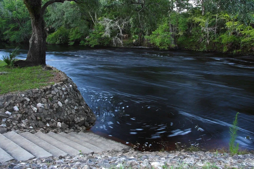 The concrete staircase leads to the restless Steinhatchee River among dense vegetation.