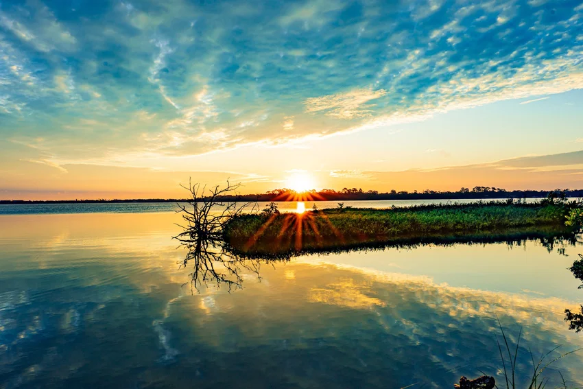 Calm coastal waters in Florida at sunset, representing diverse fishing environments where unusual catches can occur.
