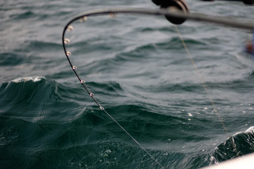 Fishing rod bent sharply over rough open water, illustrating the unpredictable conditions that can lead to an unexpected catch.