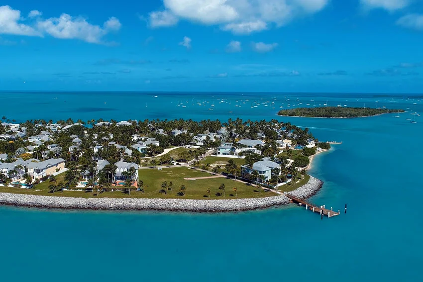 Aerial view of tropical Key West with turquoise waters ideal for offshore fishing.
