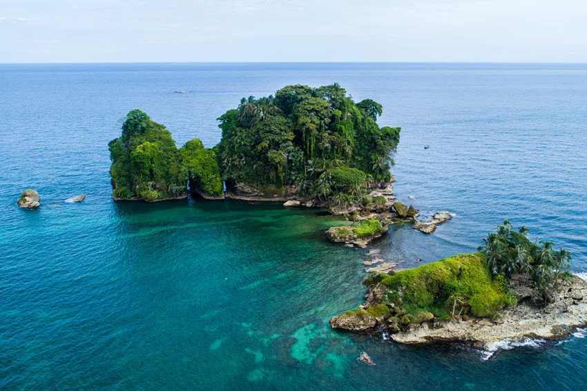 View of Bird Island (Isla Pájaros) in Bocas del Toro, Panamá, featuring rocky cliffs, lush vegetation, and seabirds flying overhead in a tropical marine setting.