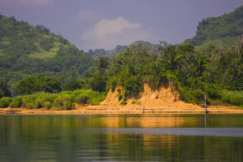Distance view of Lake Bayano, a man-made reservoir located in the Comarca Kuna de Madungandi indigenous territory, Panama.