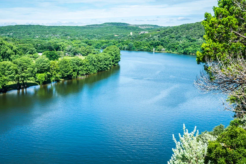 Panoramic view of a calm stretch of the Colorado River, winding through dense wild vegetation with its waters reflecting the surrounding greenery.