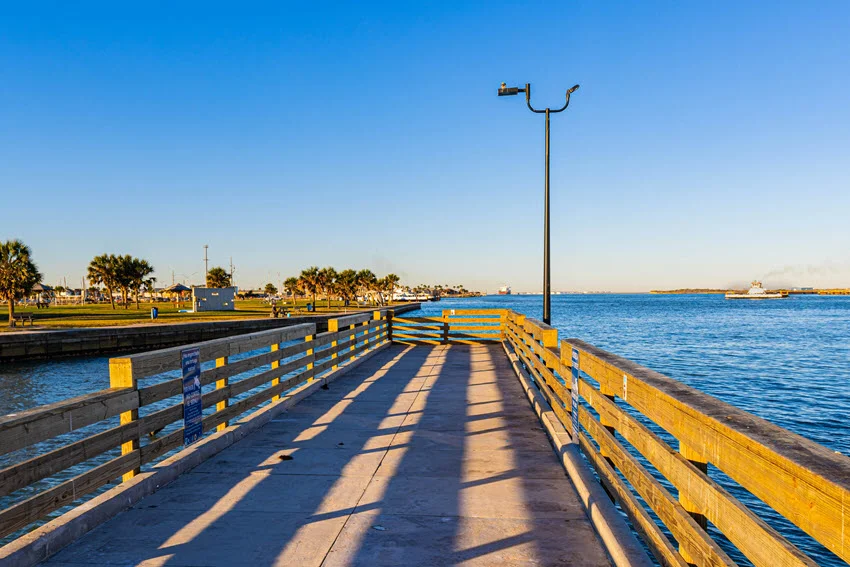 A view of a fishing pier in Corpus Christi in the early morning.
