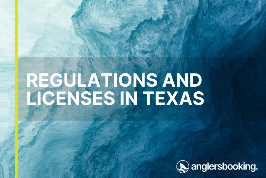 An illustration of ocean waves in intricate shades of blue with a yellow line on the left side of the visual, the heading Regulations and Licenses in Texas, and the Anglers Booking logo at the bottom right.