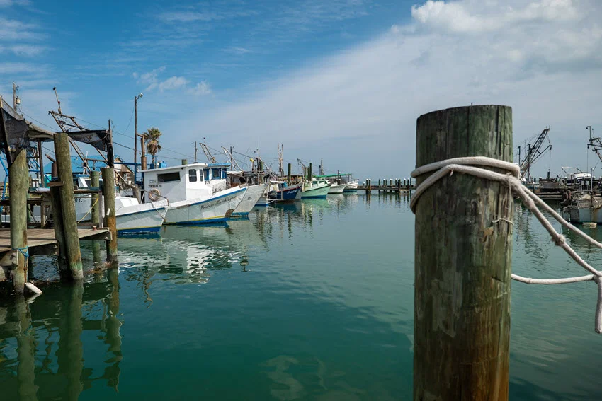 Small fishing boats moored in the serene marina of Rockport, gently floating on calm waters under the soft morning light.