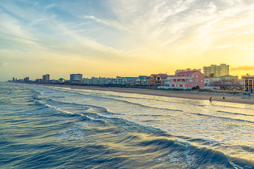 Panoramic seaside, the beach, and houses along the beach on the South Padre Island.