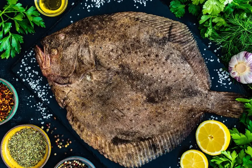 A whole raw Turbot rests on a dark surface surrounded by lemon, herbs, garlic, spices, and coarse salt.