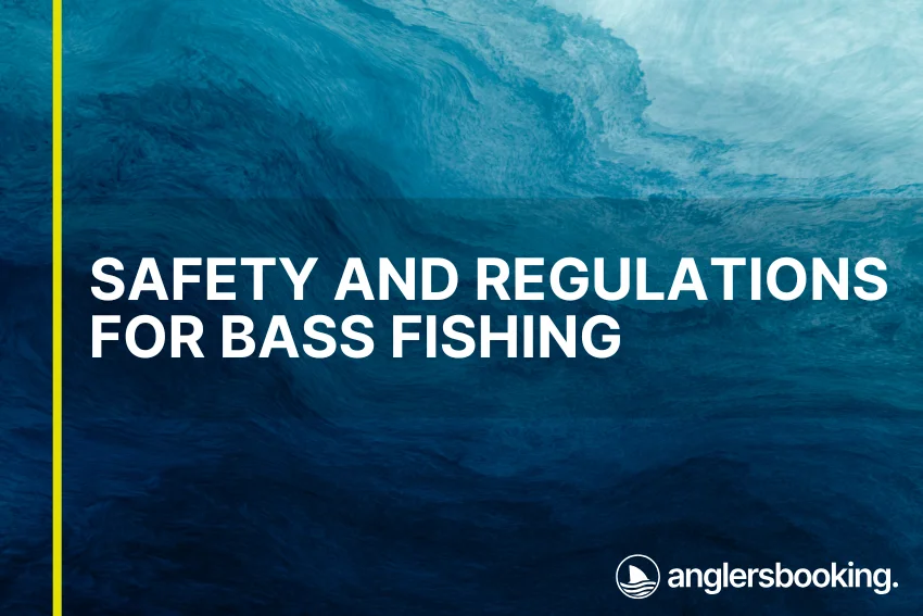 An illustration of ocean waves in intricate shades of blue, with a yellow line on the left side of the visual, the heading Safety and Regulations for Bass Fishing, and the Anglers Booking logo at the bottom right.