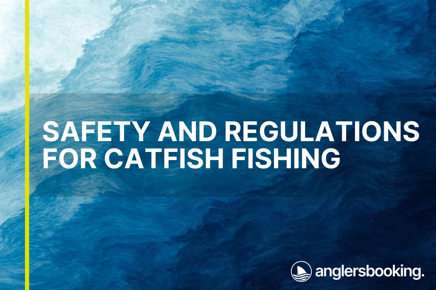 An illustration of ocean waves in intricate shades of blue, with a yellow line on the left side of the visual, the heading Safety and Regulations for Catfish Fishing, and the Anglers Booking logo at the bottom right.