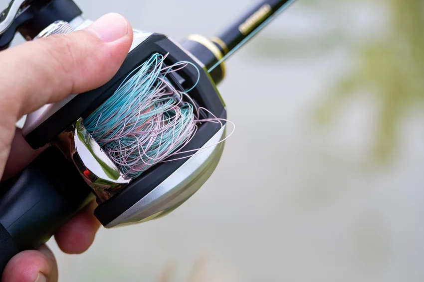 Close view of an angler's hand holding a baitcasting reel with loose, tangled line spilling around the spool opening, showing a backlash.