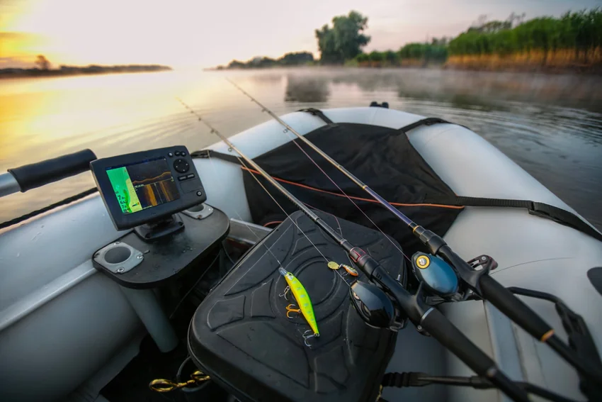 Fishing rods with baitcasting reels rest across an inflatable boat beside a bright hard lure and fish finder, with calm water beyond.