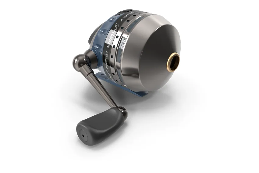 Closed-face spincast reel with a metallic front cover, central line opening, and black handle against a white background.