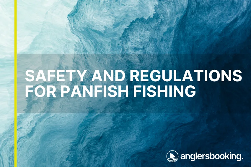 An illustration of ocean waves in intricate shades of blue, with a yellow line on the left side of the visual, the heading Safety and Regulations for Panfish Fishing, and the Anglers Booking logo at the bottom right.