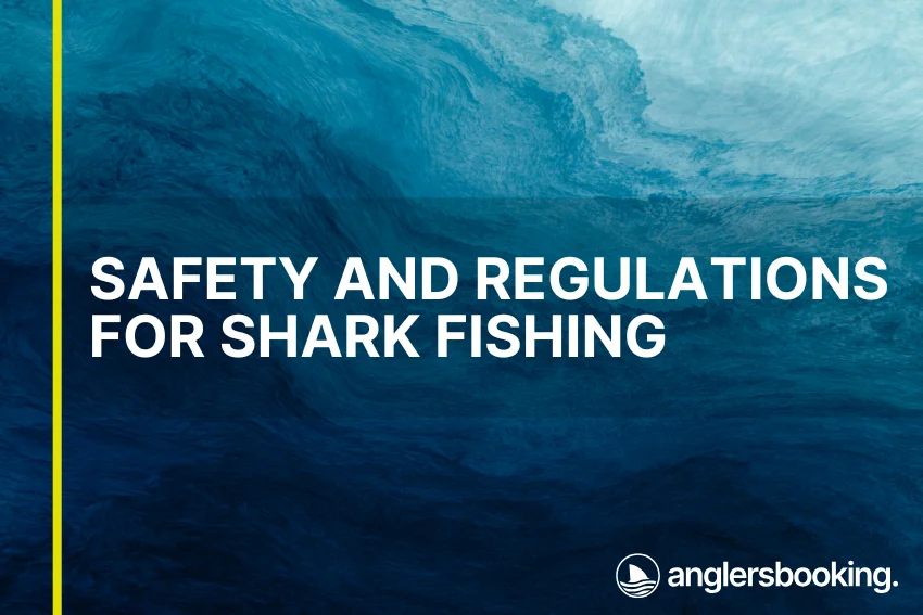 An illustration of ocean waves in intricate shades of blue, with a yellow line on the left side of the visual, the heading Safety and Regulations for Shark Fishing, and the Anglers Booking logo at the bottom right.