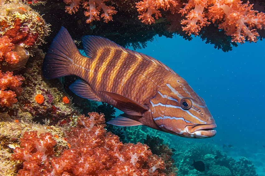 Close view of a Striped Dog Snapper swimming beside coral in clear tropical reef water.