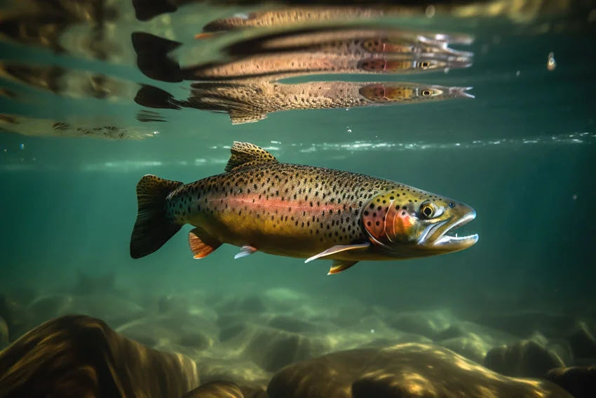 Underwater view of a Rainbow Trout swimming through clear shallow habitat with rocks, shade, and smaller fish near the surface.