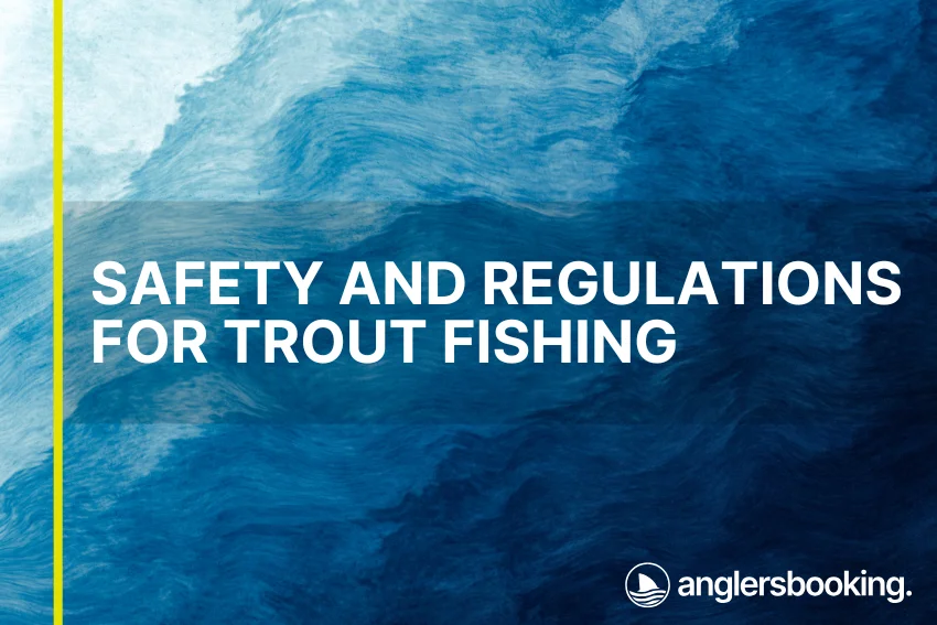 An illustration of ocean waves in intricate shades of blue, with a yellow line on the left side of the visual, the heading Safety and Regulations for Trout Fishing, and the Anglers Booking logo at the bottom right.