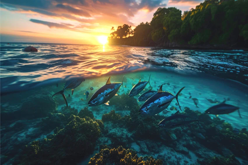 View of Tuna swimming over reef water at sunset in a tropical offshore setting.