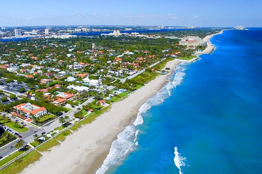 Aerial view of sandy Palm Beach and beautiful blue sea.